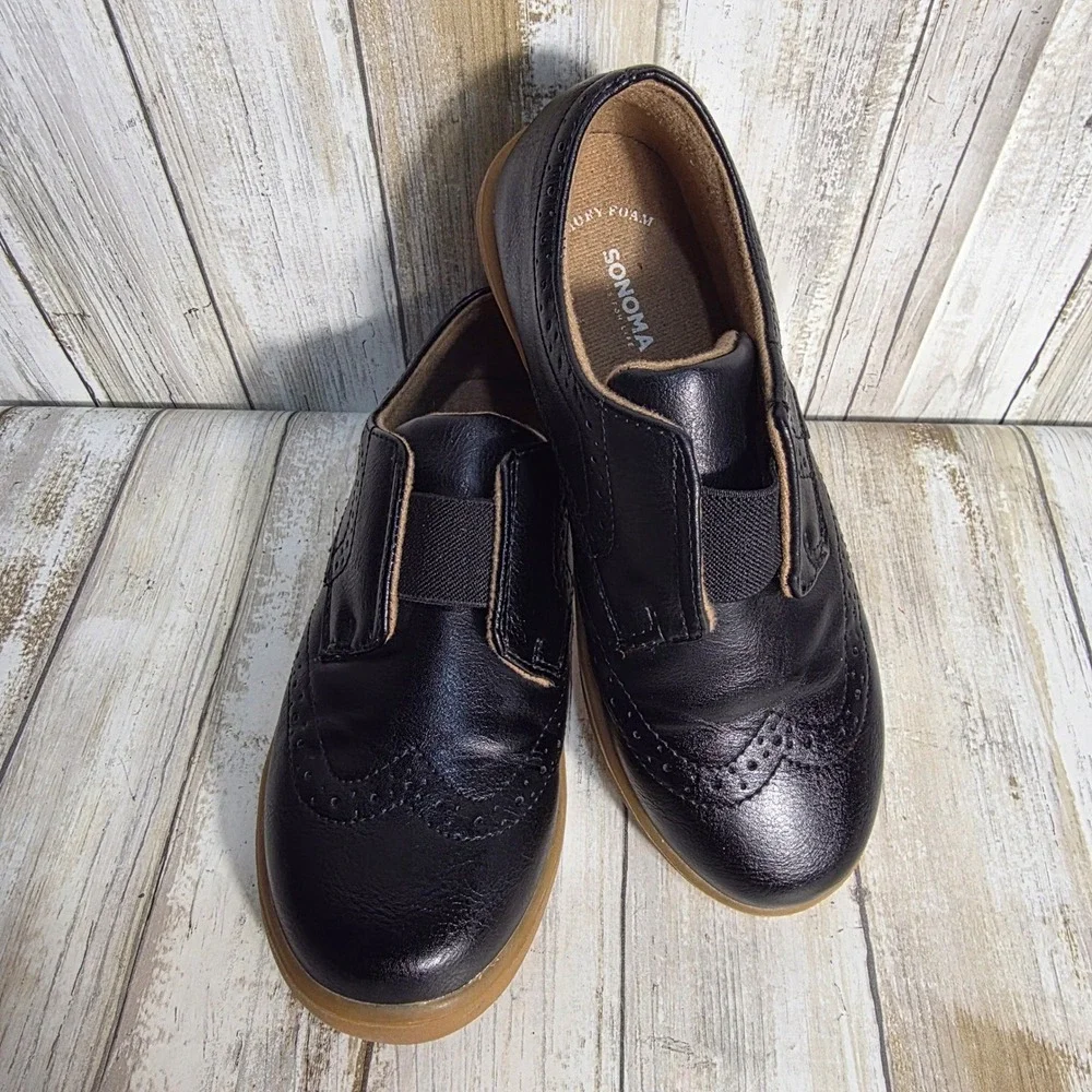 Sonoma Kids Black Slip On Wingtip Brogue Dress Shoes Memory Foam Gum Sole size13